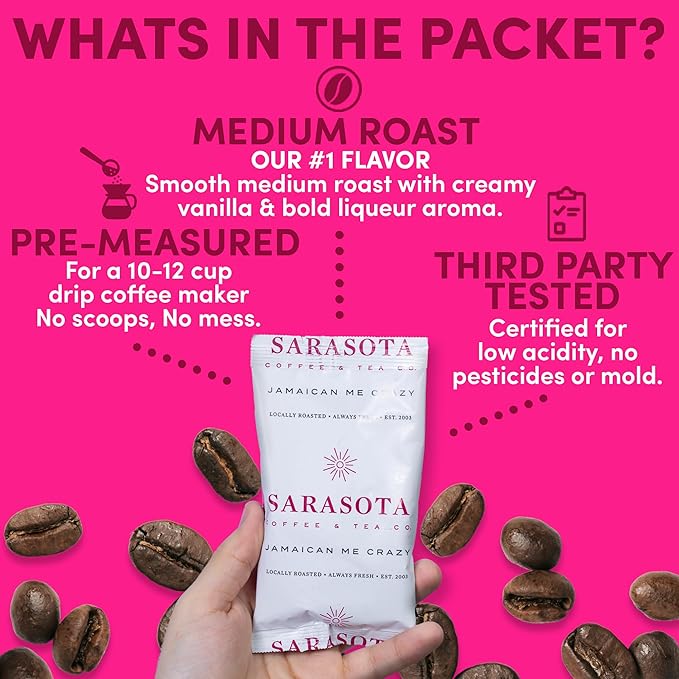 Coffee Packets – Gourmet Jamaican Me Crazy Flavored Medium Roast Ground Coffee, Low Acid Mold Free 2 oz Packs for 12 Cup Brewers, Pre-Measured Fractional Packs, 12 Count Box – Sarasota