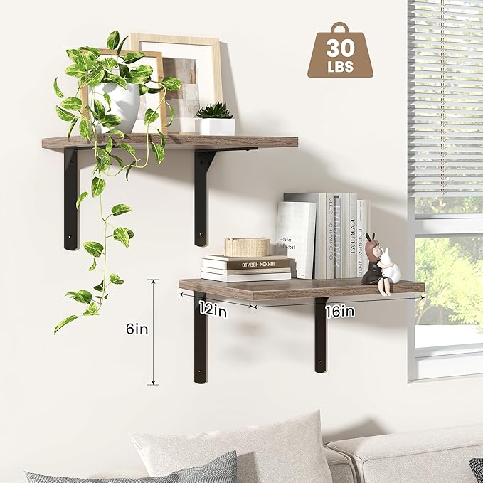 Fun Memories Floating Shelves for Wall, 12 Inch Deep Floating Shelves Set of 2, Wall Mounted Shelf with Metal Brackets, Rustic Wood Wide Shelf for Bathroom, Kitchen and Living Room, Grey, 16W x 12D