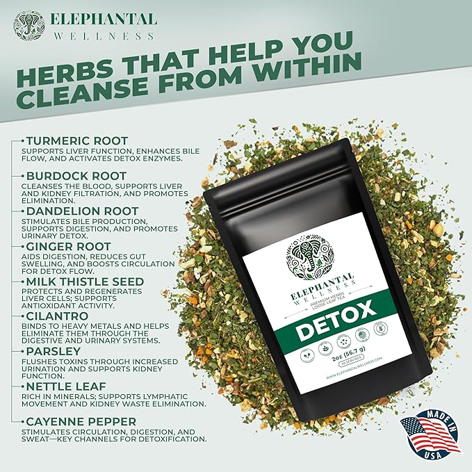 Elephantal Wellness Premium Detox Herbal Tea | Daily Liver, Kidney, Blood & Digestive Support with Turmeric, Nettle Tea, Milk Thistle, Dandelion Tea & Burdock | Handmade, Caffeine-Free Loose Leaf Blend | 2oz, 20 Servings