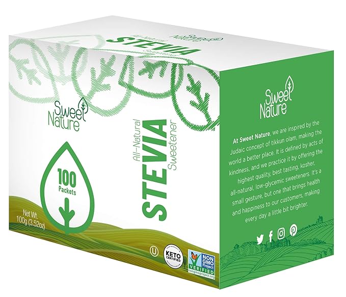 Sweet Nature | Stevia Erythritol Sweetener Powder - Keto Sugar Substitute for Diabetics - Vegan, Low Carb, Healthy, Natural, and Kosher (100 Packets)