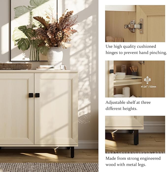 Multifunctional Buffet Sideboard Cabinet Farmhouse Modern Storage Cabinet with Adjustable Shelves for Kitchen, Coffee Bar, Living Room, Beige