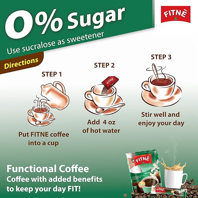 FITNE Instant 3 In 1 Coffee Packets Mix With White Kidney Bean Extract L-Lysine Vitamin B1 B2 B6 Smooth Blend No Sugar Sucralose Sweetener, 10 Sachets