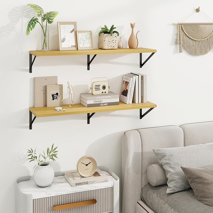 Axeman Deep Floating Shelves for Wall - 36 Inch Wide x 10 Inch Deep Floating Shelves Set of 2 -Oak Wide Wall Shelves for Living Room Bathroom Bedroom