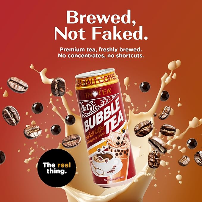 Inotea Bubble Tea with Tapioca Pearls - Delicious, Instant Boba Tea - Ready-to-Drink Black Milk Tea - Comes in Large 16.6 oz Cans - Enjoy Real Boba Without the Long Lines - Sea Salt Coffee - 12 pack