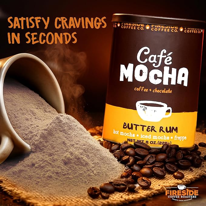 Fireside Coffee Butter Rum Café Mocha - Flavorful Instant Coffee Chocolate Blend - Premium Caffeinated Drink Mix for Hot, Iced, Milkshake, and Mocha Frappe Mix, Only Add Water and Enjoy, 8 Ounces