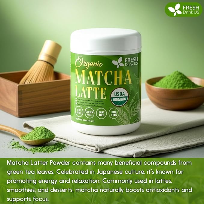 FreshDrinkUS, Matcha Latte Powder 16 oz – Premium Japanese-Style Blend for Smooth, Creamy Matcha Drinks – Perfect for Lattes, Baking, Smoothies & Daily Enjoyment. Vegan