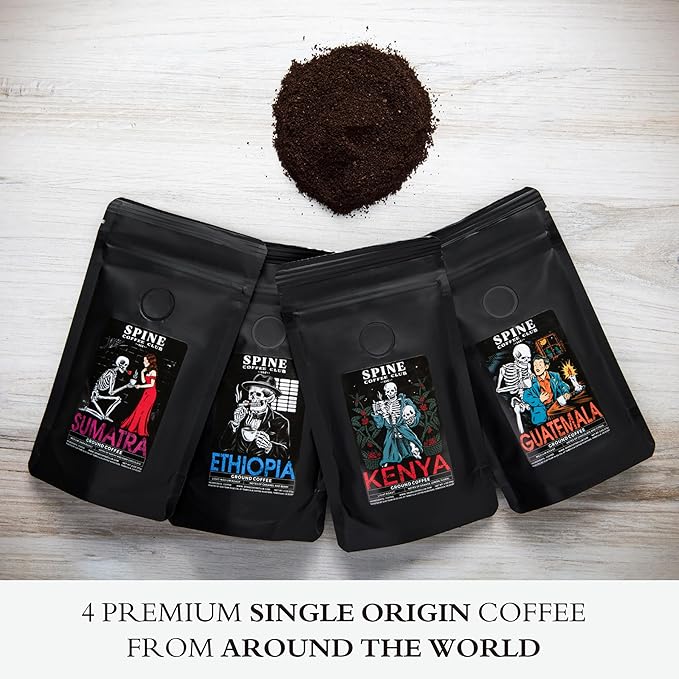 Spine Coffee Club LLC 4-Pack Gourmet Coffee Sampler Gift Box Set with Ethiopia, Sumatra, Guatemala, Kenya Single Origin Selection – Ground Coffee