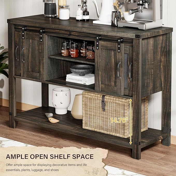 4ever2buy Farmhouse Coffee Bar Cabinet with Storage, 47'' Coffee Bar Table with Sliding Barn Door, Buffet Cabinet with Metal Mesh Doors, Console Table with Bottom Open Shelf, Brown