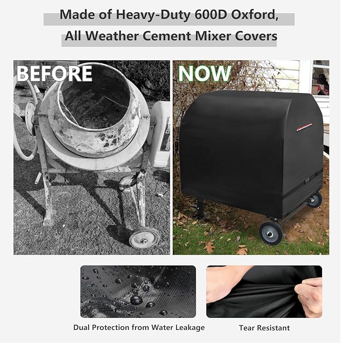 Outdoor Concrete Mixer Cover, Heavy Duty Waterproof Cement Mixers Cover, Made of Heavy-Duty 600D Oxford, All Weather Cement Mixer Covers(50.5"Dx31.5"Wx48"H)