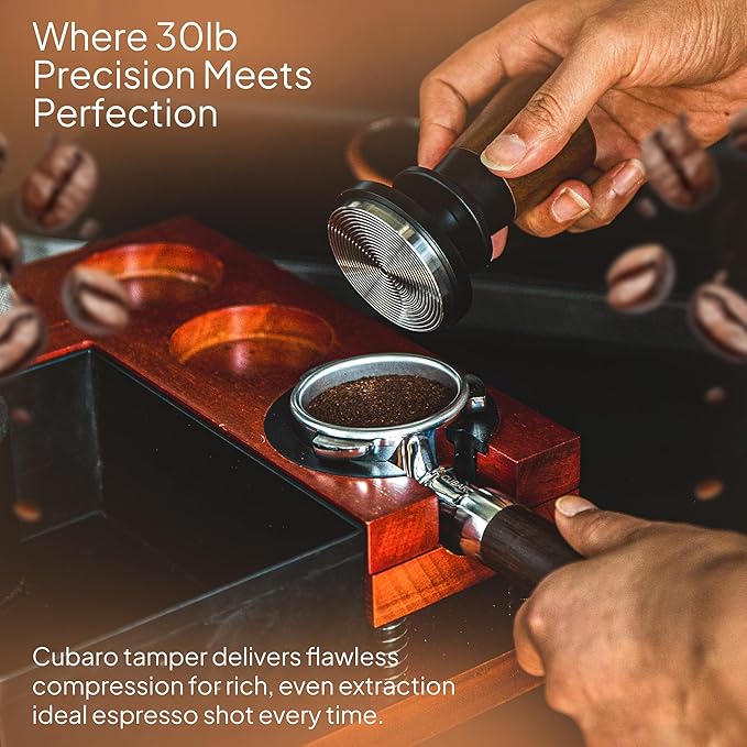 53.3mm Calibrated Espresso Tamper - 30lb Spring Loaded Auto-Leveling Coffee Tamper with Walnut Handle & Ripple Stainless Steel Base for 54mm Portafilters