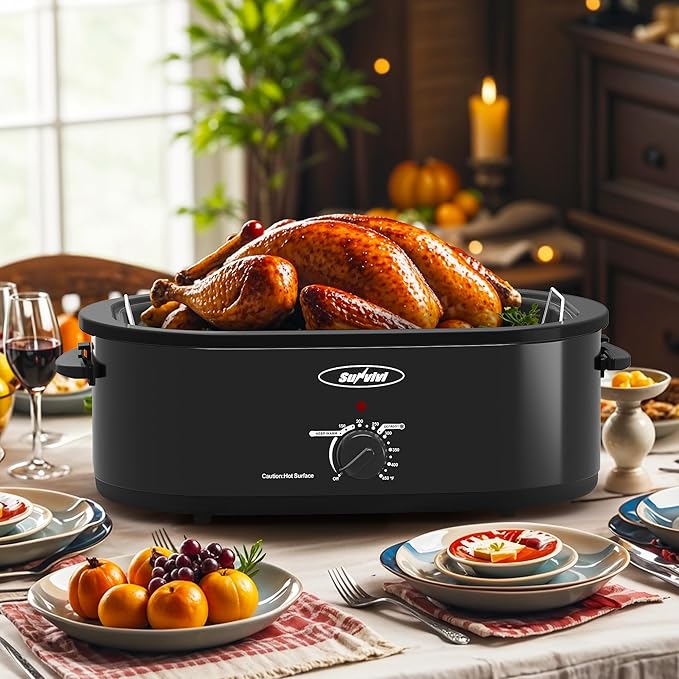 Sunvivi Electric Roaster,18 Quart Roasting Oven with Self-Basting Lid Removable Pan,Turkey Roaster Oven with 150 to 450F Temperature Control Cool-Touch Handles,Black