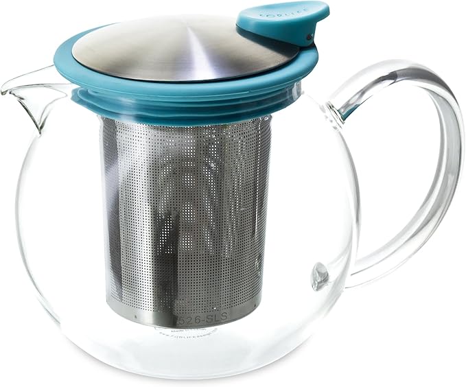 FORLIFE Bola Glass Teapot with Basket Infuser, 25oz./750ml., Turquoise