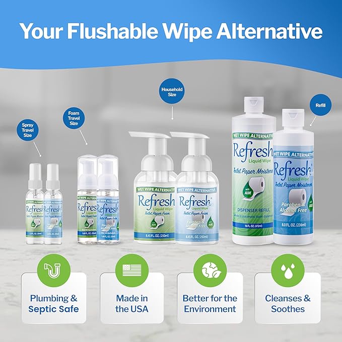 Refresh Liquid Wipe: Toilet Paper Foam | Eco-Friendly Flushable Wet Wipe Alternative | Cleanses and Soothes with Witch Hazel and Aloe |Plumbing and Septic Safe | 50ml | 1.69 oz | 3 Pack