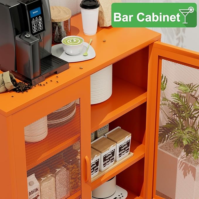 Metal Locker Storage Cabinet with 2 Mesh Doors and Adjustable Shelves,Orange Metal Locker Cabinets,Coffee Bar Cabinet,Kitchen Pantry Storage Cabinets for Home,Sideboard,Office(40" H)