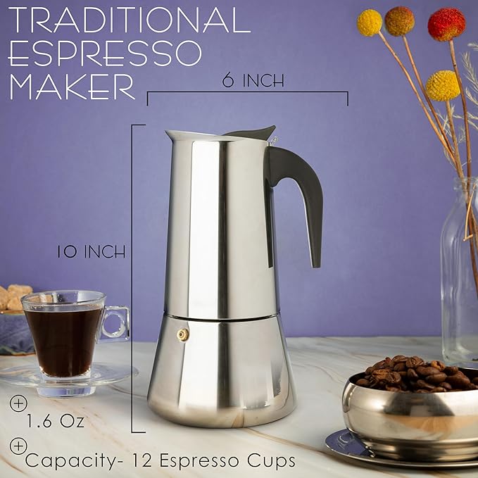 Mixpresso 12 Cup Greca Stovetop Espresso Pot 600ml/20oz, Moka Pot with Coffee Percolator Design, Stainless Steel Stove Top Coffee Maker for Camping or Home Use,Italian Stovetop Espresso Maker