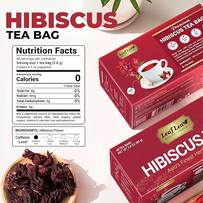 LeafLea 80 Hibiscus Tea Bags, 100% Natural Hibiscus Flowers, Caffeine-Free Herbal Tea, Red Hibiscus Flower Tea Bags, Te de Hibisco Natural, Sugar-Free, Non-GMO, Gluten-Free, Vegan (Pack of 2)