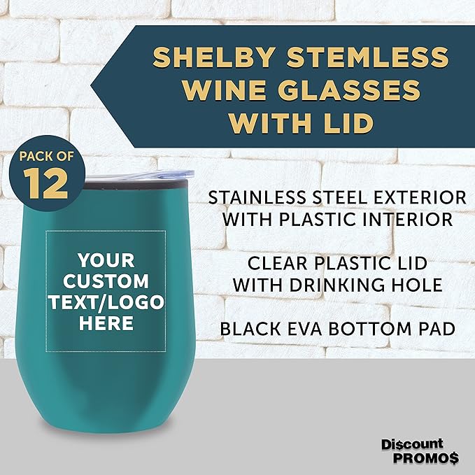 Custom Stemless Wine Tumblers 12 oz. Set of 12, Personalized Bulk Pack - Insulated, Perfect for Wine, Cocktails, Other Hot & Cold Beverages - Teal