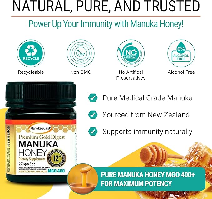 ManukaGuard Premium Gold Manuka Honey 12+ (MGO 400) – Genuine New Zealand Medical-Grade Manuka Honey for Digestive Support & Wellness