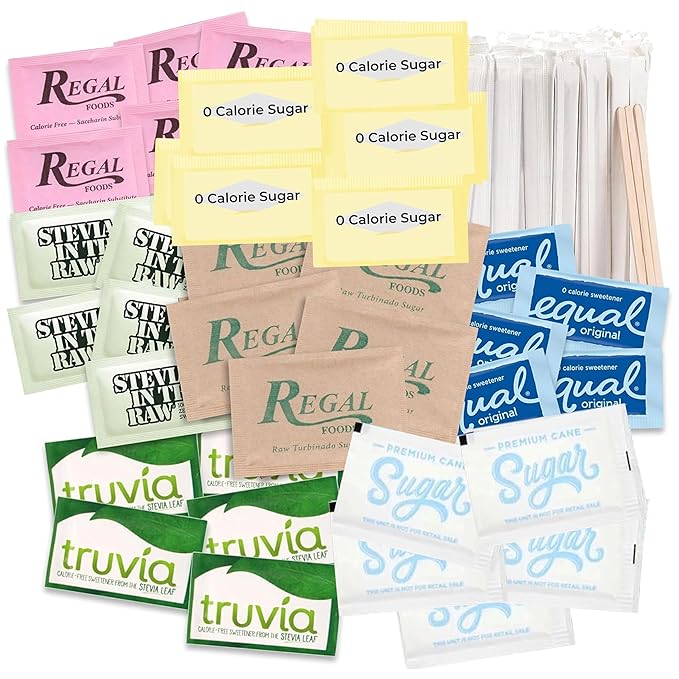 Sugar and Sweetener Packets Assortment with Wooden Coffee Stirrers Multiple Sizes and Varieties for Home Office Coffee Bar or Gift (450 Count – White & Cane Sugar Mix)
