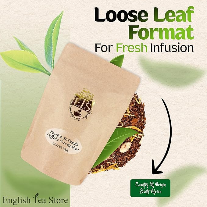 English Tea Store Bourbon St Vanilla Rooibos Caffeine Free Loose Leaf Tea Pouches - 16oz | Smooth South African Rooibos with Sweet Vanilla & Cinnamon Spice | Enjoy Hot Iced or as Rooibos Latte