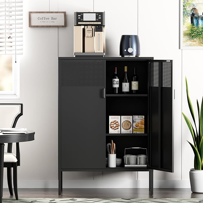 Metal Storage Cabinet,Kitchen Pantry Storage Cabinets with Doors,Buffet Cabinet with 2 Adjustable Shelves,Black Pantry Cabinets,Steel Sideboard for Home,Shoes,Office,Dining Room