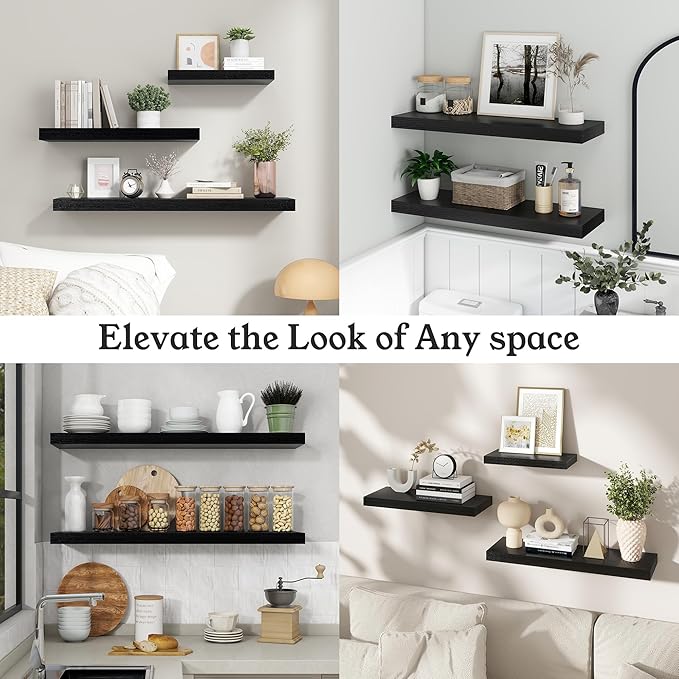Floating Shelves for Wall, 9.3" Deep Wall Mounted Wood Shelves for Bathroom, Bedroom, Living Room, Kitchen, Hanging Shelf for Books/Storage/Room Decor (Black, 36")