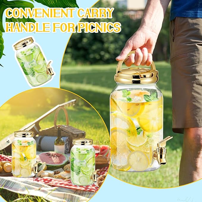 Havawish 2 Pcs 1 Gallon Plastic Beverage Dispenser with Spigot Clear Summer Kitchen Fridge Drink Dispenser for Parties Lemonade Juice Tea Beer Cold Water(Gold,Cylinder)