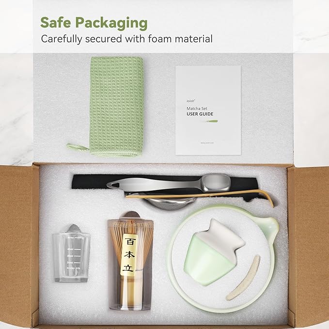 Matcha Whisk Set, Matcha Kit 10-Pcs, Bamboo Whisk and Ceramic Bowl with Spout & Measuring Spoon & Cup, Japanese Ceremony Matcha Tea Making Tools