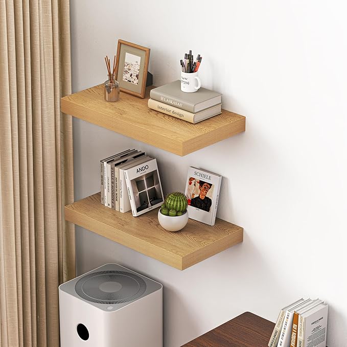 Dreamland 24" Floating Shelves for Wall, 12" Deep Thicker Oak Floating Shelves, Wall-Mounted Shelves for Bedroom, Living Room, Kitchen, Bathroom - Set of 2