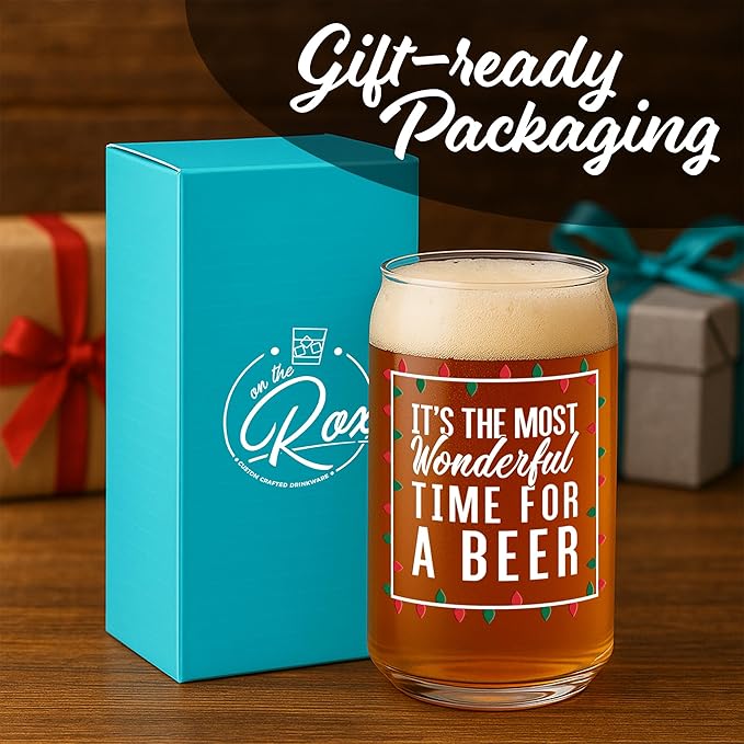 On The Rox Most Wonderful Time for a Beer- Red, Green and White- 16 Ounce Glass- Ideal for Men and Women - Funny Glass (Most Wonderful)
