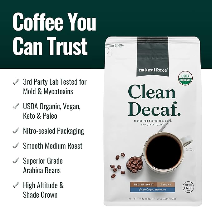 Natural Force - Organic Clean Decaf Coffee, Mold & Mycotoxin Free, Lab Tested for Toxins & Purity, Low Acidity, Incredible Taste & Aroma, Ground Swiss Water Decaf Medium Roast, 10 oz