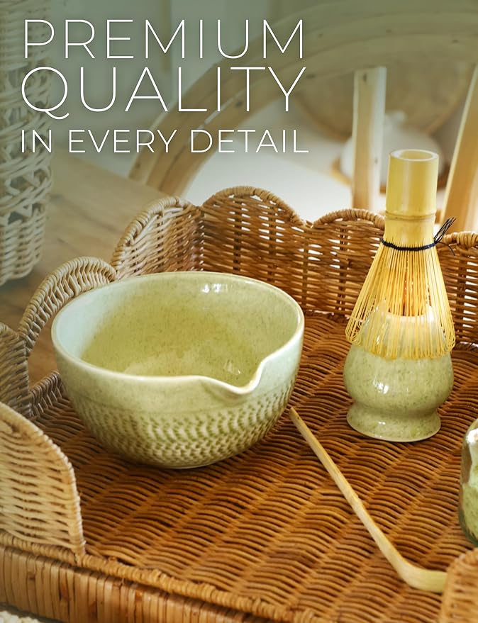 Matcha Set Ceramic kit With Bamboo Whisk Scoop Bowl And Holder For Authentic Japanese Tea Ceremony Smooth Pour Easy Clean Experience Gift For Matcha Lovers (Green)
