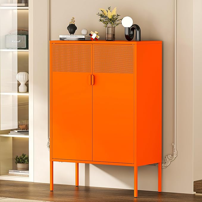 Orange Metal Storage Cabinet,2 Door TV Stand, Metal Mesh Accent Cabinet,Magnetic Door Closure,Low Storage Cabinets with Doors and Shelf for Home,Office,Living Room