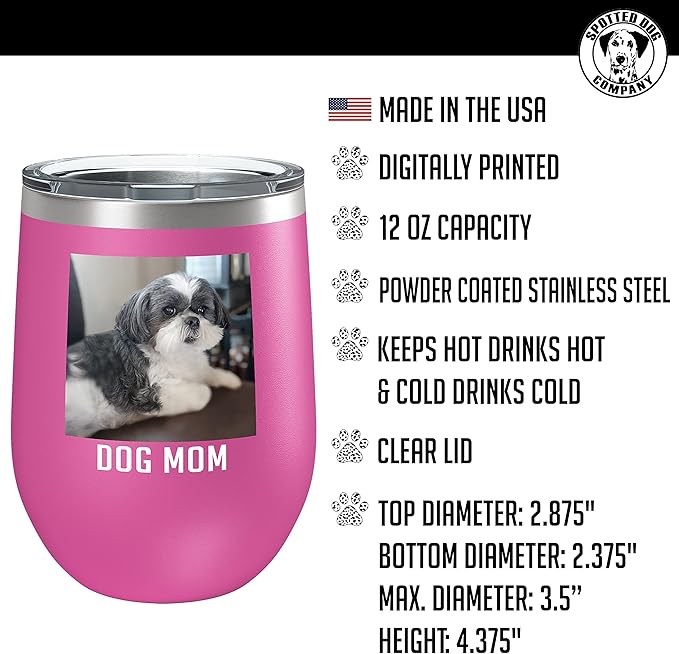 Personalized Mothers Day 12oz Photo Printed Insulated Stainless Steel Powder Coated Stemless Wine Tumbler with Lid, Customized Mum Gift Idea for Women Her, Custom Mom Coach Gifts Team (Pink)