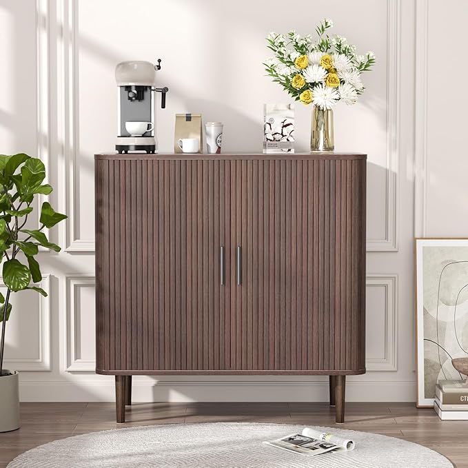 35" Fluted Accent Buffet Cabinet, Walnut Small Storage Sideboard with Sliding Door, Mid Century Modern Credenza with Solid Wood Leg, Wine Coffee Bar Console Table for Kitchen, Entryway, Living