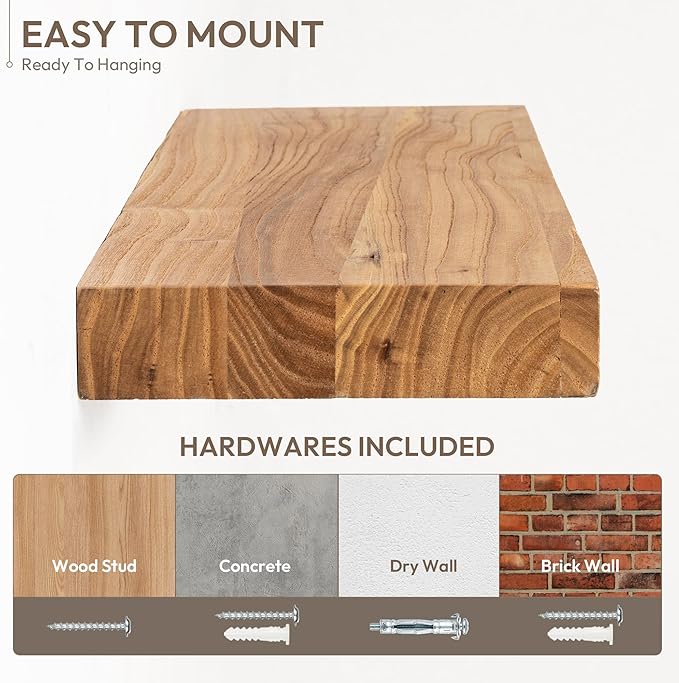 Marsmiles 24 inch Floating Shelves for Wall Solid Elm Wood Shelves|Rustic Wall Shelves with Invisible Heavy-Duty Bracket for Bathroom Living Room Kitchen|Natural, 2 Pack