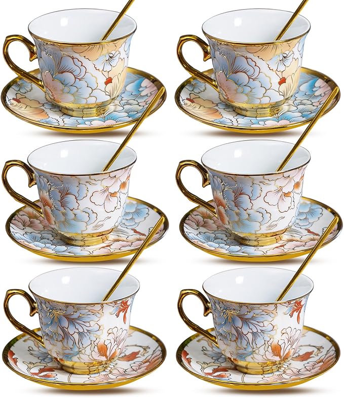 8 OZ Tea Cups and Saucers, 18 PCS Ceramic Vintage Tea Cups Set of 6, Blue Floral Cup Bulk for Cappuccino Coffee Espresso Lattes Afternoon Tea Housewarming Party Supply Thanksgiving Christmas Gifts