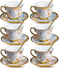 8 OZ Tea Cups and Saucers, 18 PCS Ceramic Vintage Tea Cups Set of 6, Blue Floral Cup Bulk for Cappuccino Coffee Espresso Lattes Afternoon Tea Housewarming Party Supply Thanksgiving Christmas Gifts
