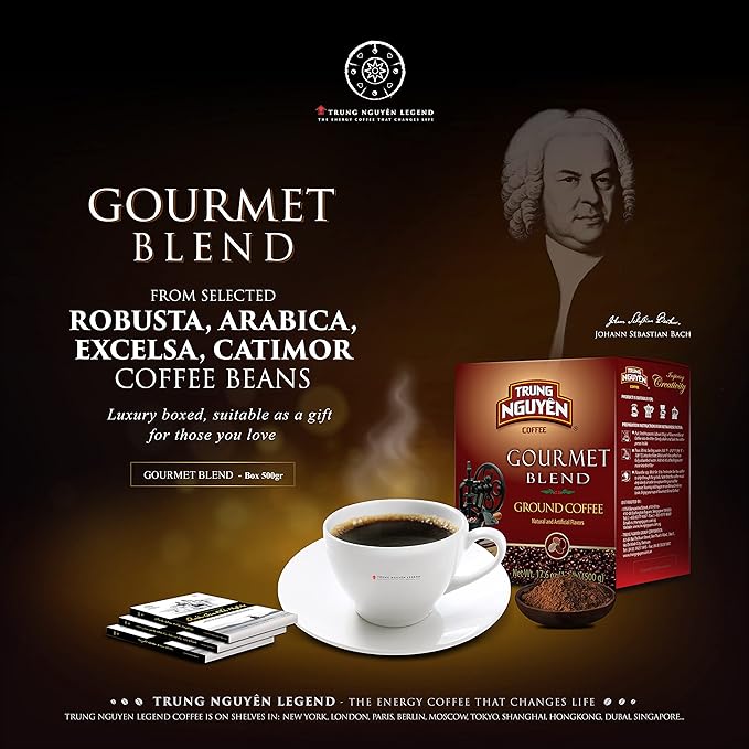 TRUNG NGUYEN LEGEND GOURMET BLEND Premium Roasted Ground Coffee - Chocolate and Fruity Flavor by Robusta & Arabica Coffee Beans Blend - French Roast with Low Acidity (500g/Box)