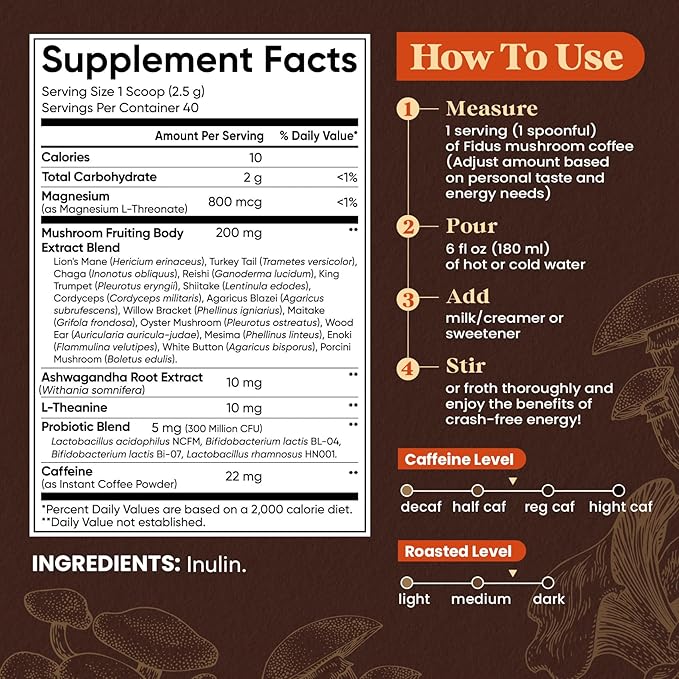 Fidus 16 in 1 Mushroom Coffee with 80,000mg Adaptogenic Mushrooms with Ashwagandha, Probiotic, Magnesium and Lion's Mane Instant Mushroom Coffee for Focus, Energy, Immunity & Digestion, 40 Servings