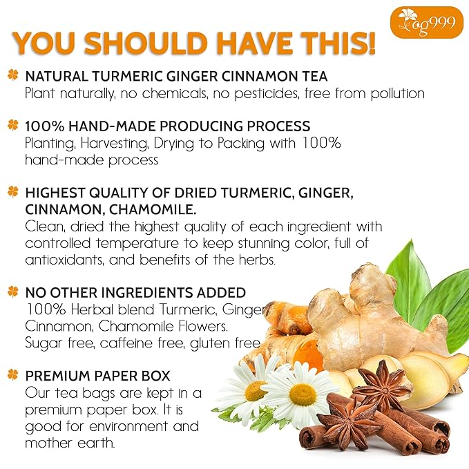 TOG999, Turmeric Ginger Cinnamon Tea Bags | 60 Count | Herbal Blend with Turmeric, Ginger, Cinnamon Stick & Chamomile Flowers for Relaxation | Naturally Flavorful, Caffeine-Free | Packed in Paper Box