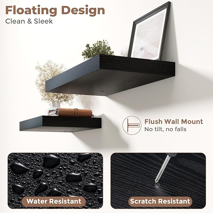 55 Inch Long Floating Shelves for Wall Set of 2, 12"D Wood Grain Bathroom Shelves with Invisible Brackets, Easy Install Engineered Wood Storage Shelves for Kitchen, Living Room, Bedroom, Black Finish