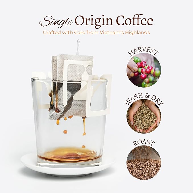 Blu Ore Premium Vietnamese Coffee - Single Serve Pour Over (8 Pack) - 100% Arabica Drip Bag Coffee, Eco-Friendly Filter, Travel Friendly, No Preservatives - Dark Roast
