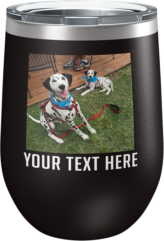Personalized 12oz (17 Colors) Mother's Day Photo Printed Insulated Stainless Steel Powder Coated Stemless Wine Tumbler with Lid, Customized Gift Idea for Her, Custom Coach Gifts Team Mom Dad (Black)