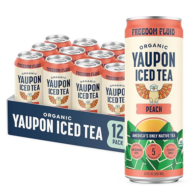 Freedom Fluid Organic Yaupon Iced Tea – Refreshing Peach | Herbal Tea Drink | Lightly Sweetened, Low Sugar, Low Calories, Real Brewed Tea, Clean Ingredients, Antioxidant Rich, Natural Caffeine, 12 Pack (12 oz cans)
