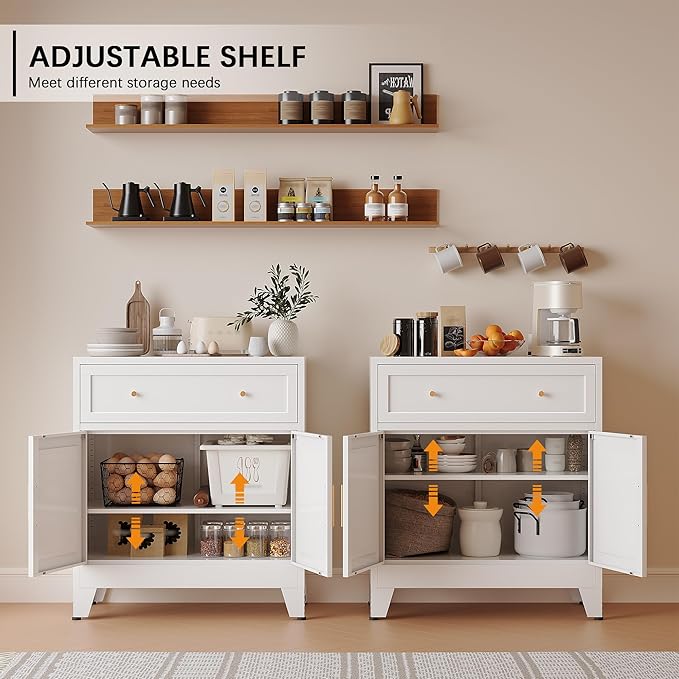 Metal Sideboard Cabinet, Buffet Storage Cabinet, Coffee Bar with Big Drawer and Adjustable Shelf for Kitchen, Dining Room, Living Room (White, 35.4" H-Sideboard)