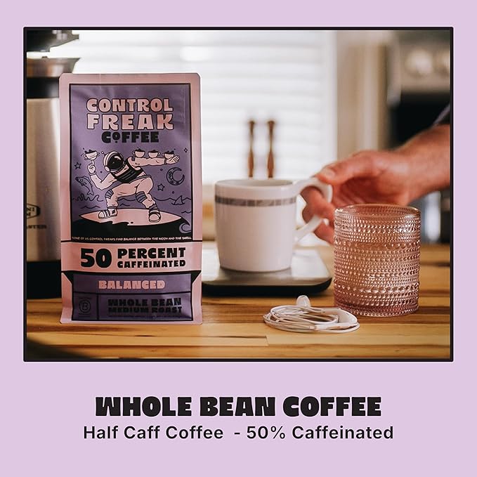 Control Freak Coffee Balanced – 50% Caffeine Whole Bean Coffee (12 Oz) | Half Caff Coffee Blend for Smooth Focus, Full Flavor for Half the Buzz | Sugarcane Decaf, Freshly Roasted Coffee Beans