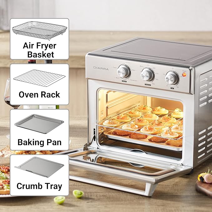 CIARRA CATOSMC01 Oil-Less Countertop Convection Oven, Air Fryer Toaster Oven with 6-in-1 Function, Nonstick Interior, 25QT, 1700W, Stainless Steel