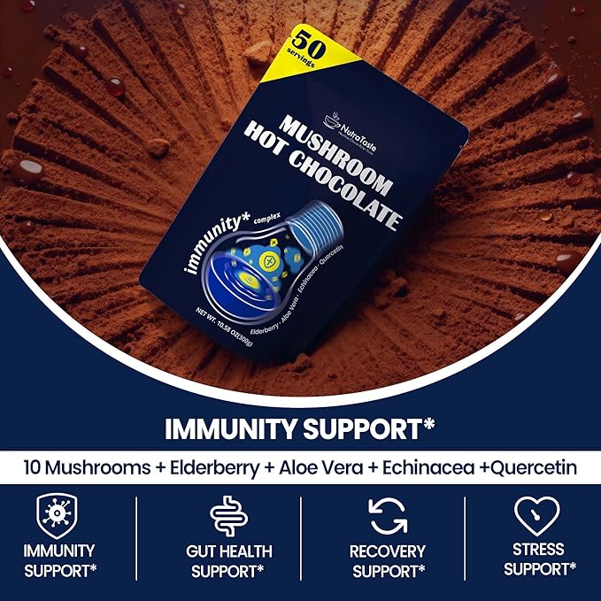 Mushroom Hot Chocolate, 50 Servings Cocoa Powder | 10 Mushrooms Supplements with Elderberry, Aloe Vera, Echinacea & Quercetin | Support Immunity, Gut & Stress Health | Vegan & Keto, Gluten-Free