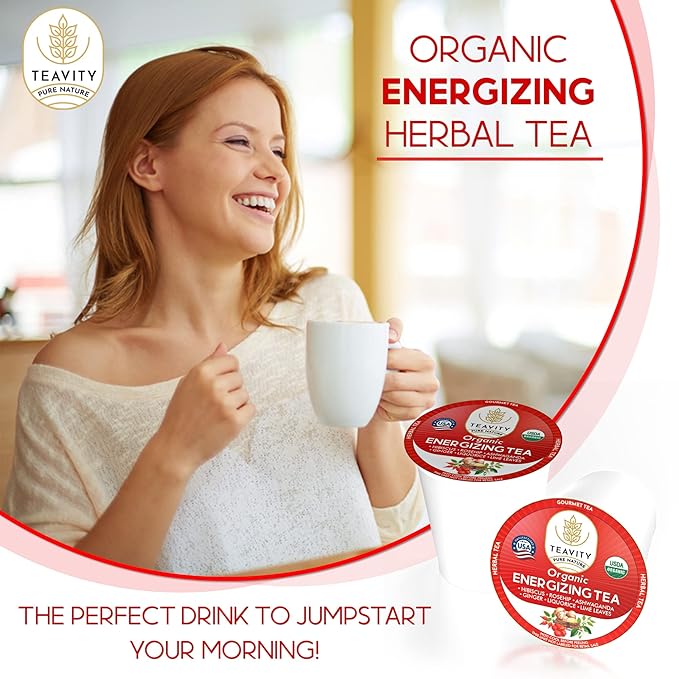 Organic Ashwagandha Tea Pods for Keurig with Ginger, Licorice, Organic Hibiscus Sabdariffa, Rosehip, & Lime - Decaf Herbal Tea - Energizing Tea by Teavity (12 Tea Pods)